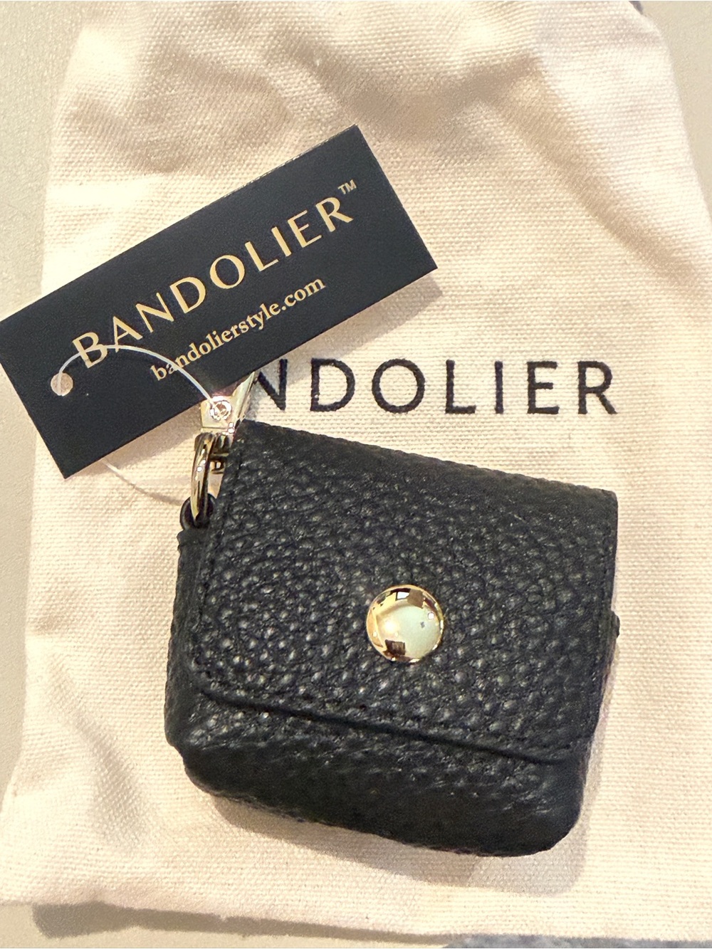 Bandolier - Avery Black Pebbled Leather AirPod 3/4 Pouch with Gold Snap
